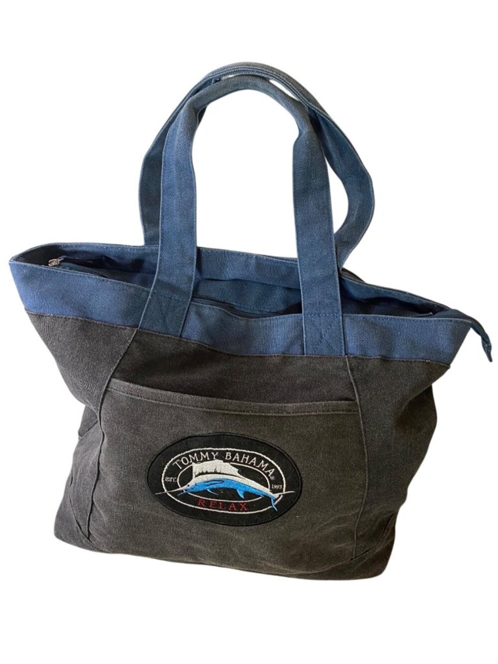 Tommy Bahama Canvas Tote Bag Relax Logo Black Blue Large Zippered